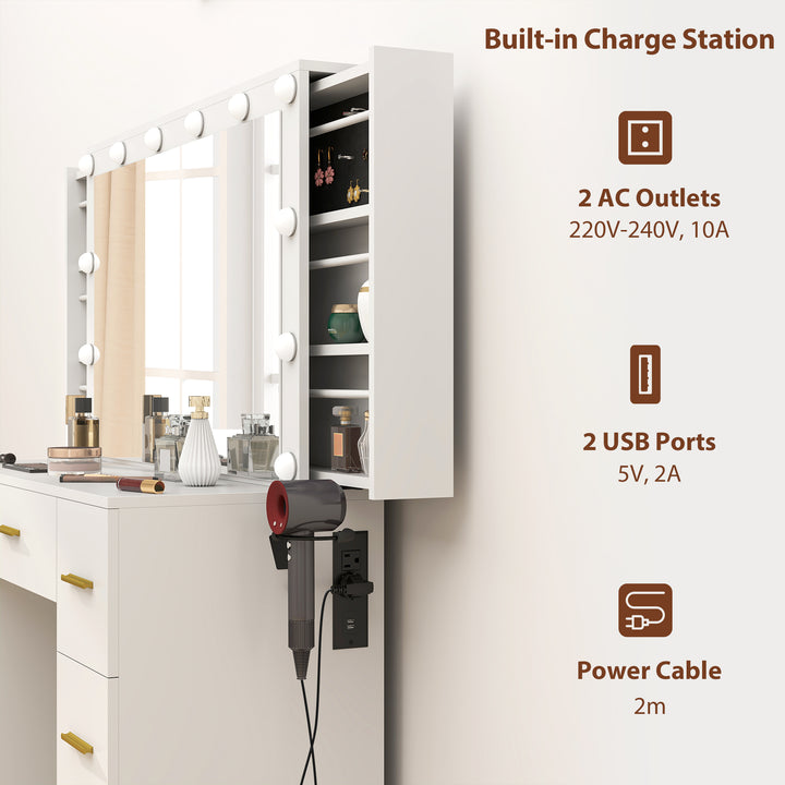 HOMCOM Makeup Vanity Table with Lights, Dressing Table with 7 Drawers, 6 Hidden Sliding Storage Compartments, White