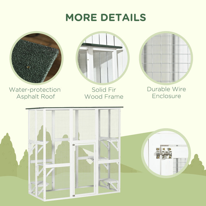 PawHut Large Outdoor Catio Enclosure, Weatherproof Cat House with Asphalt Roof,  Wooden Cat Patio Cage with 6 Balanced Platforms, 71" x 39" x 71", Grey