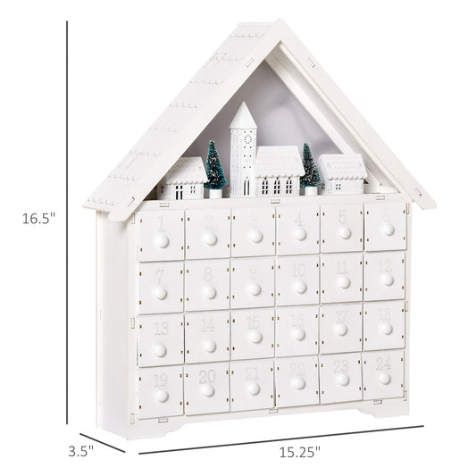 HOMCOM Christmas Advent Calendar, 2022 Light Up Table Xmas Wooden House Holiday Decoration with Countdown Drawer, Village, for kids Adults, White