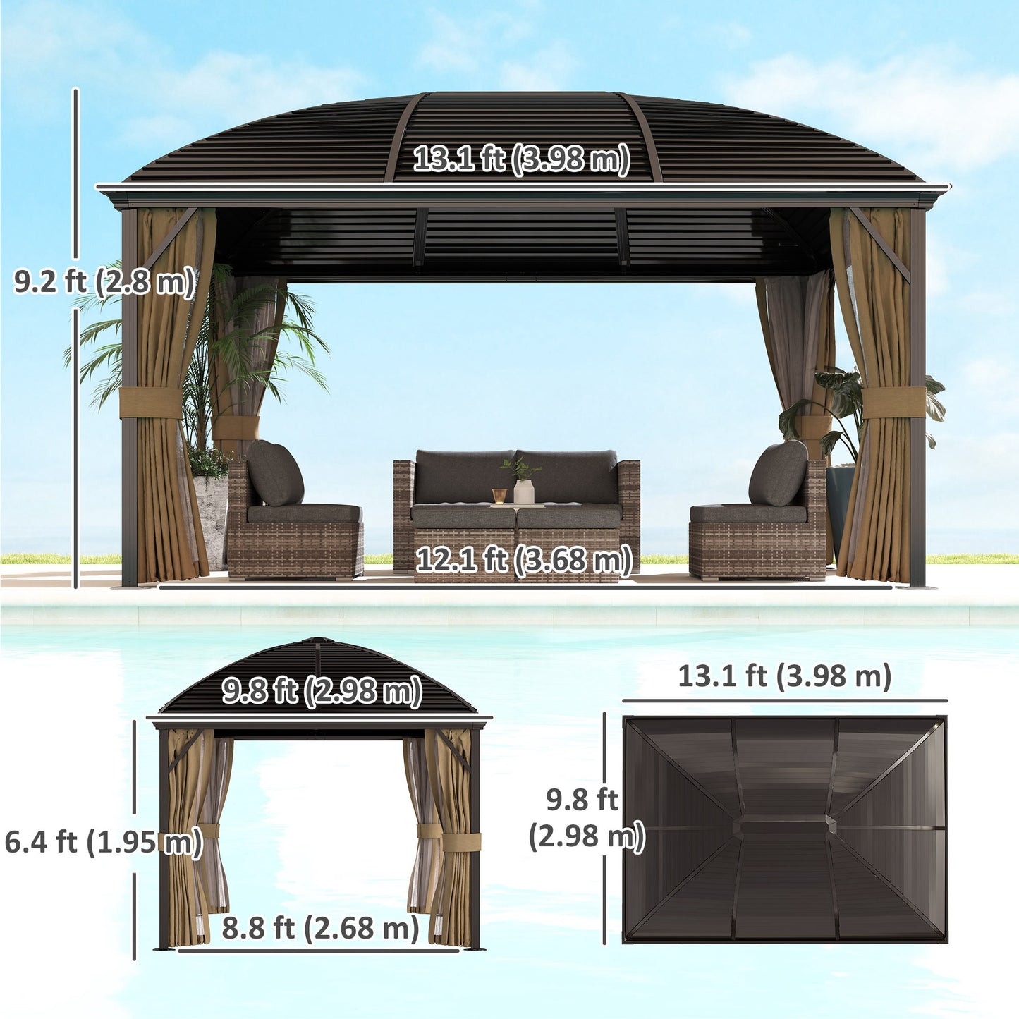 Outsunny 10' x 13' Hardtop Gazebo Aluminum Outdoor Canopy with Mesh Nettings, Curtains, Brown