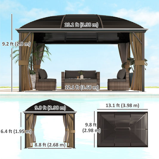 Outsunny 10' x 13' Hardtop Gazebo Aluminum Outdoor Canopy with Mesh Nettings, Curtains, Brown