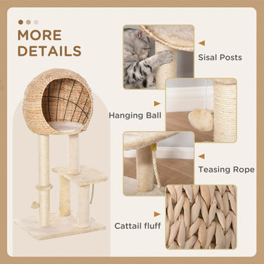 PawHut 39" H Cat Tree with Sisal Scratching Post, Condo, Plush Perch, Hanging Rope and Hanging Ball, Beige
