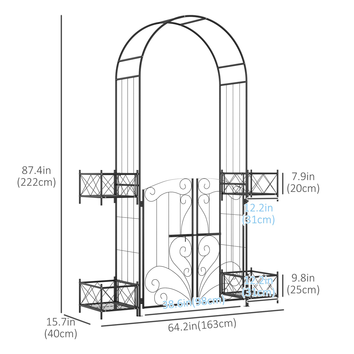 Outsunny 7.2FT Metal Garden Arbor Arch with Double Doors, 2 Side Planter Baskets, Climbing Vine Frame, Black
