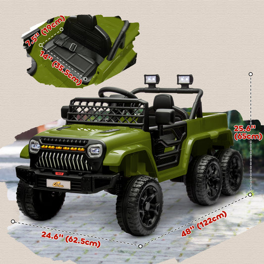 Qaba 12V 4WD/2WD Kids Electric Car w/ Remote Control, Spring Suspension, Back Trailer, Light, Music, Soft Start, Dark Green