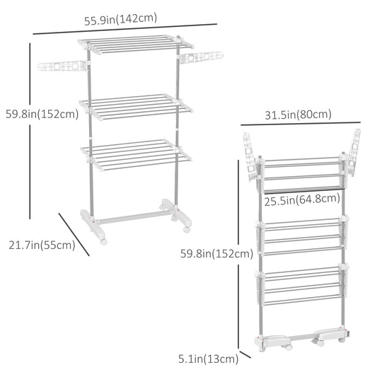 HOMCOM 3-Tier Foldable Clothes Drying Rack, Stainless Steel Laundry Rack with 2 Side Wings and 6 Castors, Collapsible Adjustable Clothes Airer for Indoor Outdoor, White
