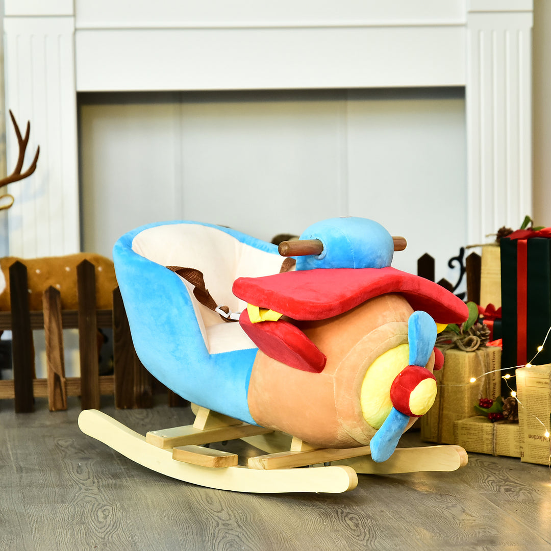 Qaba Kids Wooden Plush Ride-On Rocking Plane Chair Toy for Toddler Boy&Girl with Nursery Rhyme