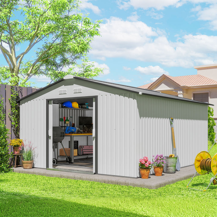 Outsunny 11' x 13'Garden Storage Shed w/ Foundation Kit Metal Tool Storage House w/ Double Doors Yellow