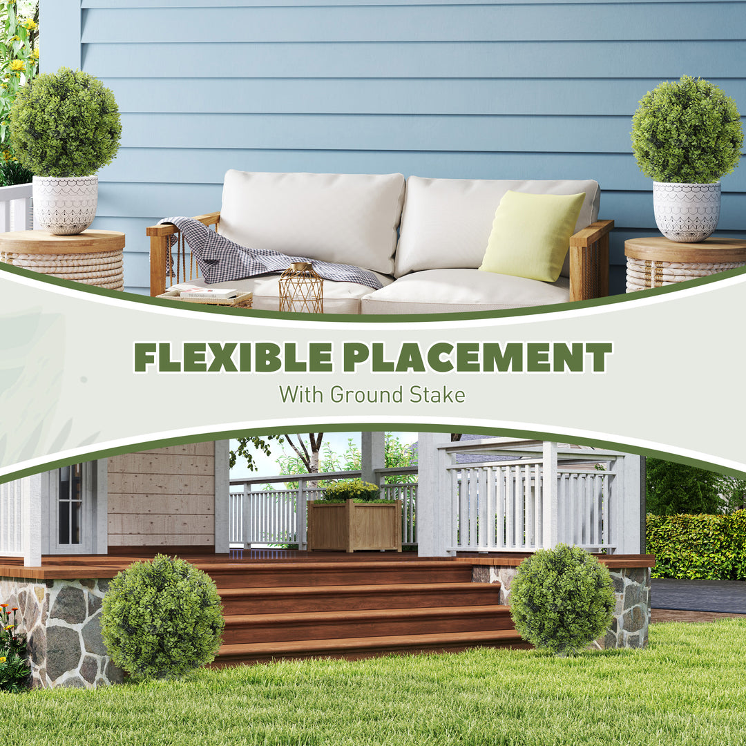 HOMCOM Artificial Boxwood Topiary Trees Set of 2 with Ground Stake, UV Resistant Fake Plants for Indoor Outdoor, Green