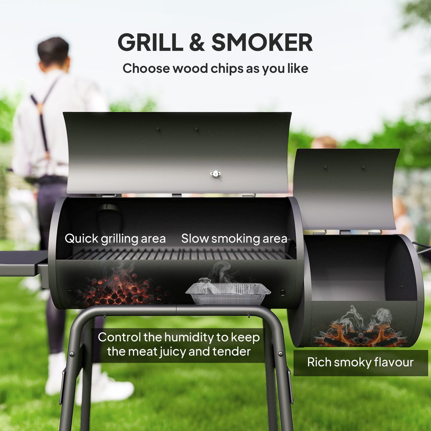 Outsunny 49" Charcoal BBQ Grill with Offset Smoker Portable Backyard Cooking Smoker Outdoor Camp Picnic Barbecue Cooker with Thermometer Wheels and Storage Shelves