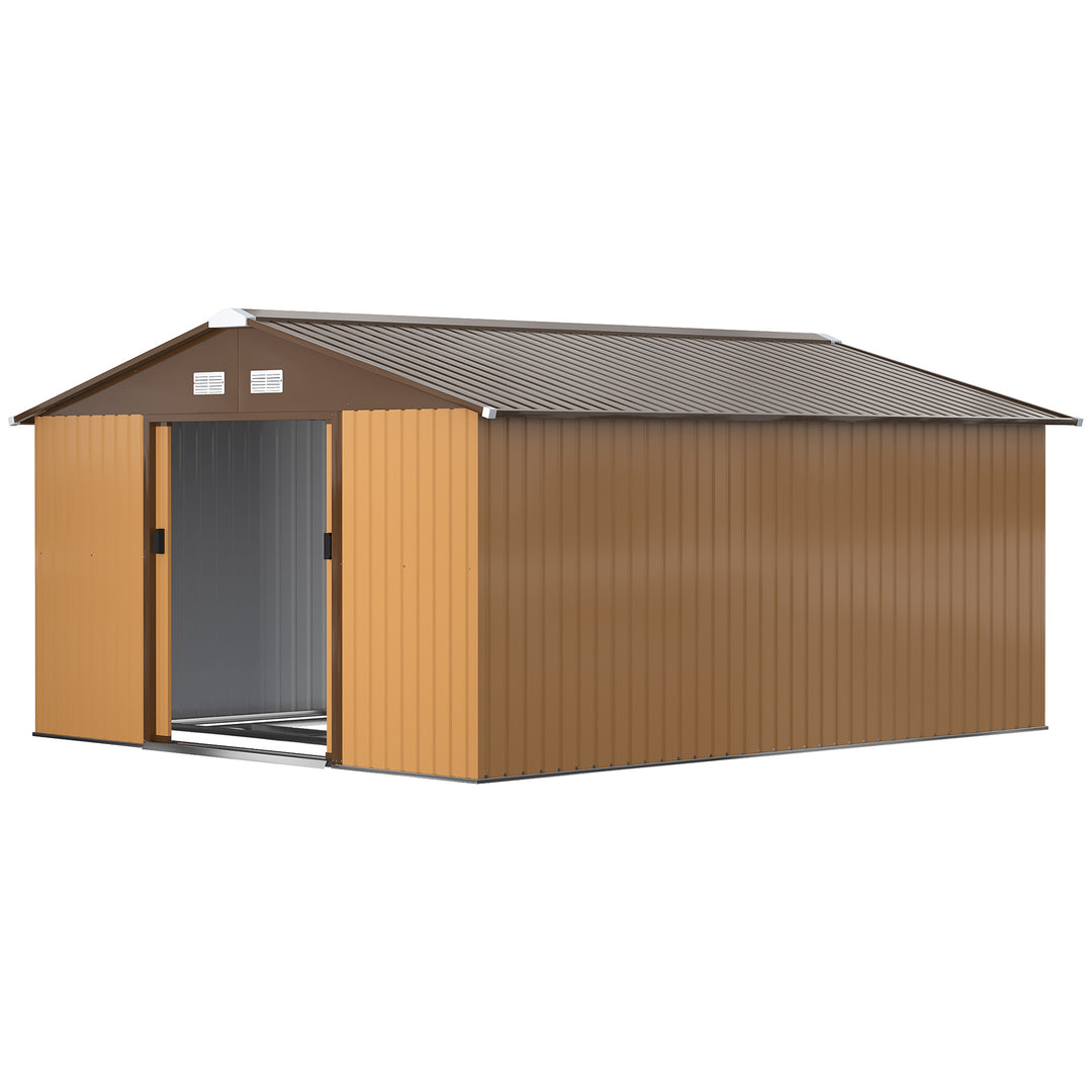 Outsunny 11' x 13'Garden Storage Shed w/ Foundation Kit Metal Tool Storage House w/ Double Doors Yellow