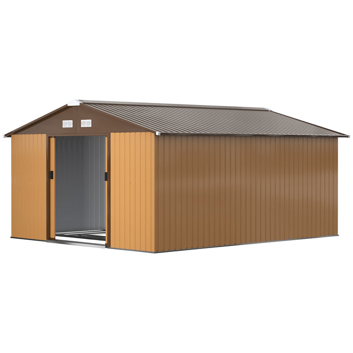 Outsunny 11' x 13'Garden Storage Shed w/ Foundation Kit Metal Tool Storage House w/ Double Doors Yellow