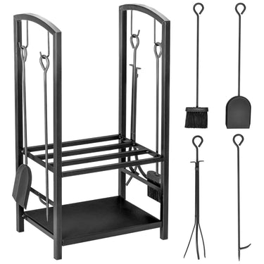HOMCOM 16" 2-Tier Firewood Log Rack with 4 Tools, Fireplace Wood Storage Holder with Shovel, Broom, Poker, Tongs and Hooks, Black