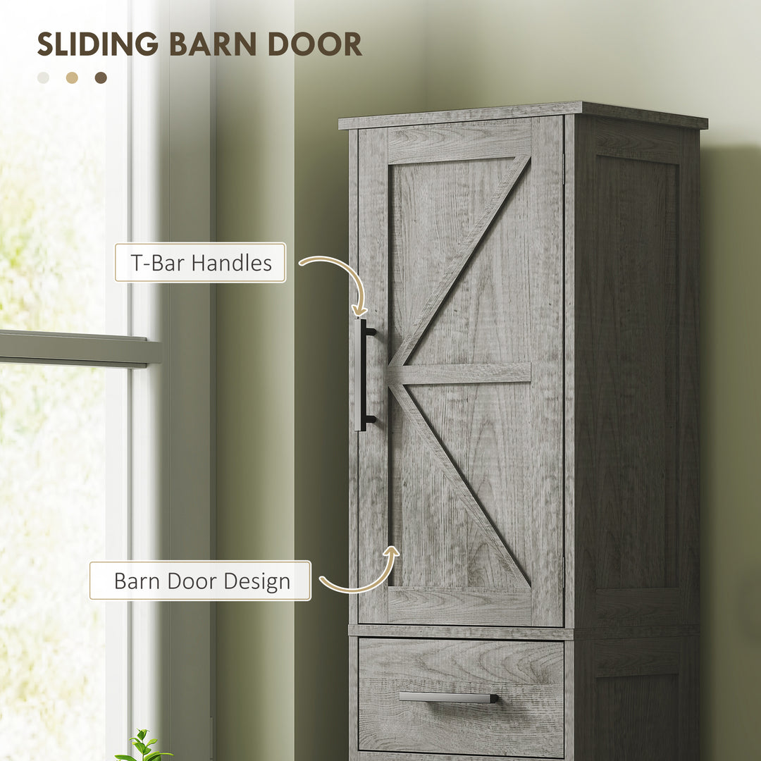 HOMCOM 67" Tall Bathroom Cabinet, Narrow Bathroom Storage Cabinet with Drawer, Barn Doors and Adjustable Shelves, Black