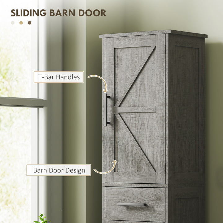 HOMCOM 67" Tall Bathroom Cabinet, Narrow Bathroom Storage Cabinet with Drawer, Barn Doors and Adjustable Shelves, Black