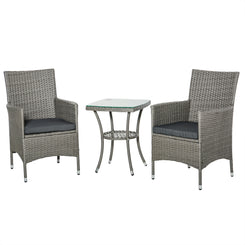 Outsunny 3 Pieces Wicker Patio Furniture Set, Rattan Bistro Set with Glass Top Coffee Table and Cushions, Outdoor Conversation Set for Garden, Porch, Balcony, Grey