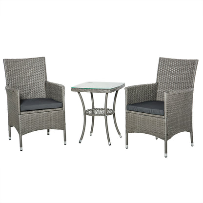 Outsunny 3 Pieces Wicker Patio Furniture Set, Rattan Bistro Set with Glass Top Coffee Table and Cushions, Outdoor Conversation Set for Garden, Porch, Balcony, Grey