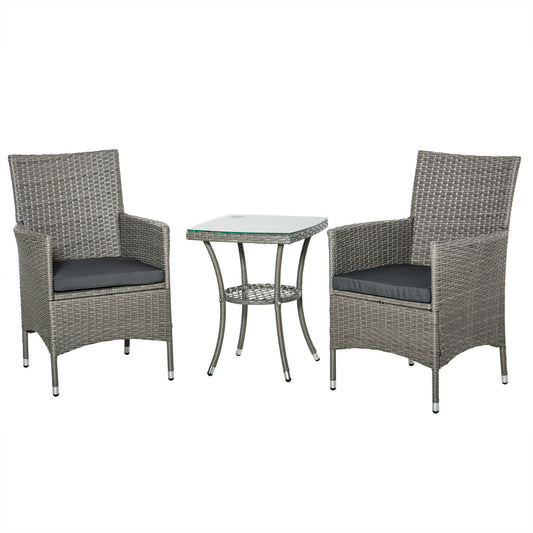 Outsunny 3 Pieces Wicker Patio Furniture Set, Rattan Bistro Set with Glass Top Coffee Table and Cushions, Outdoor Conversation Set for Garden, Porch, Balcony, Grey