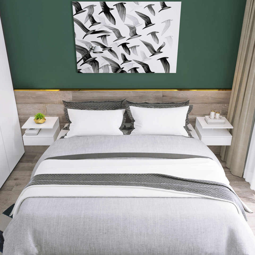 HOMCOM Floating Nightstand Set of 2, Wall Mounted Bedside Table with Drawer and Shelf, Small Night Stand for Bedroom, White