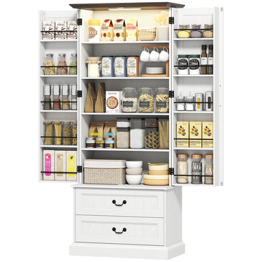 HOMCOM 72" LED Kitchen Pantry Cabinet, Buffet Storage Cabinet with 10 Door Shelves, 2 Drawers and Adjustable Shelves, White
