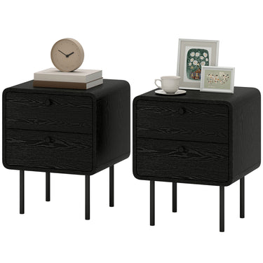 HOMCOM Modern Bedside Tables Set of 2, 2 Pieces Nightstands with 2 Storage Drawers and Steel Legs for Bedroom, Black Wood Grain