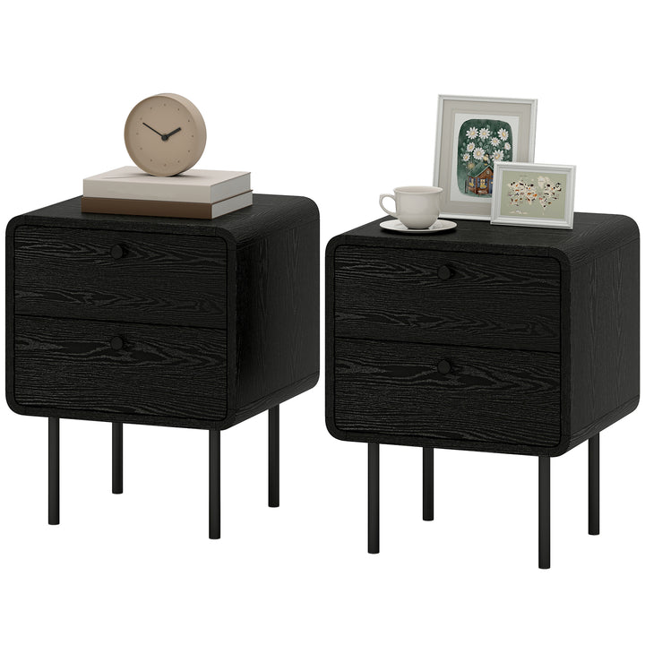 HOMCOM Modern Bedside Tables Set of 2, 2 Pieces Nightstands with 2 Storage Drawers and Steel Legs for Bedroom, Black Wood Grain