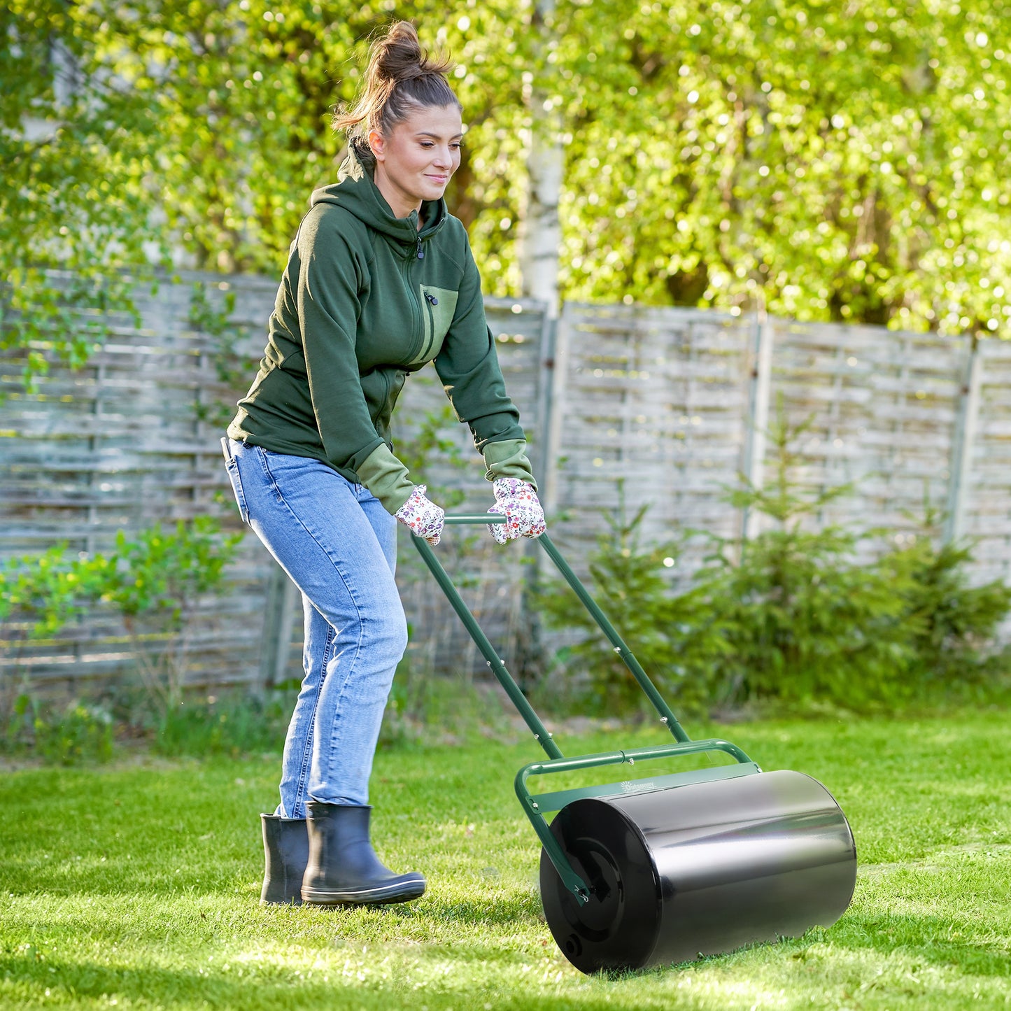 Outsunny Heavy Duty Lawn Roller, 20" Push/Tow Behind Sod Roller, Grass Flattener Filled with 11gal Water/136lbs Sand, Black
