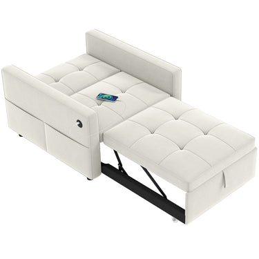 HOMCOM Convertible Chair Bed, Pull Out Sleeper Chair with USB, Adjustable Backrest, Small Velvet Futon Sofa Bed, Cream White