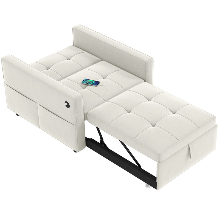 HOMCOM Convertible Chair Bed, Pull Out Sleeper Chair with USB, Adjustable Backrest, Small Velvet Futon Sofa Bed, Cream White