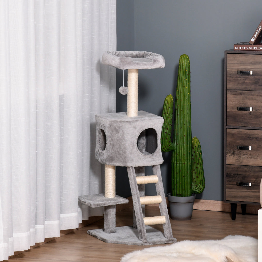 PawHut 47" Tall Cat Tree Tower with Condo, Ladder, Scratching Posts and Hanging Ball, Light Grey