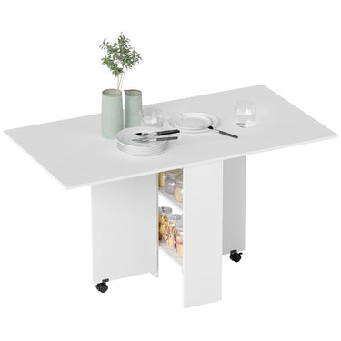 HOMCOM Extendable Dining Table, Collapsible Folding Table w/ 2-tier Shelves and Rolling Casters, White