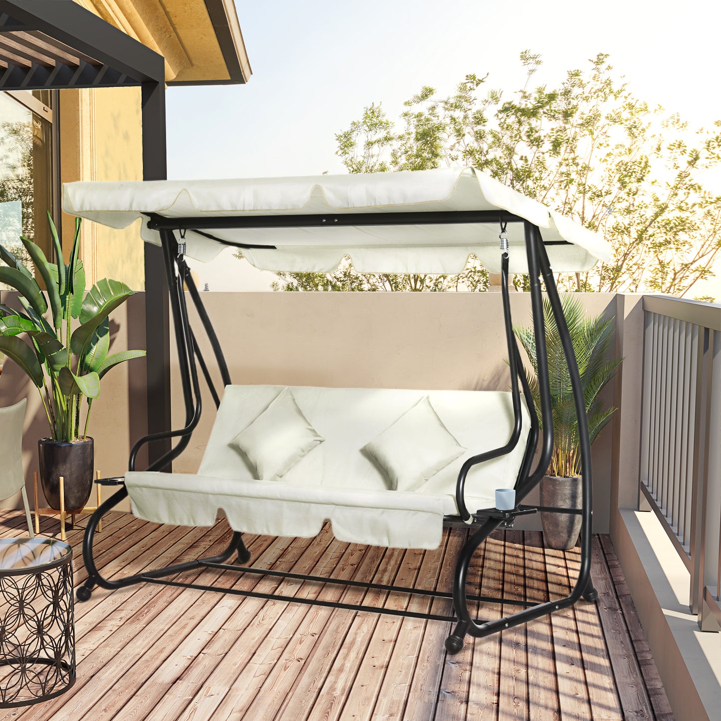 Outsunny 3 Seater Patio Swing Chair Convertible Cushioned Bed Outdoor Porch with Canopy and Pillow