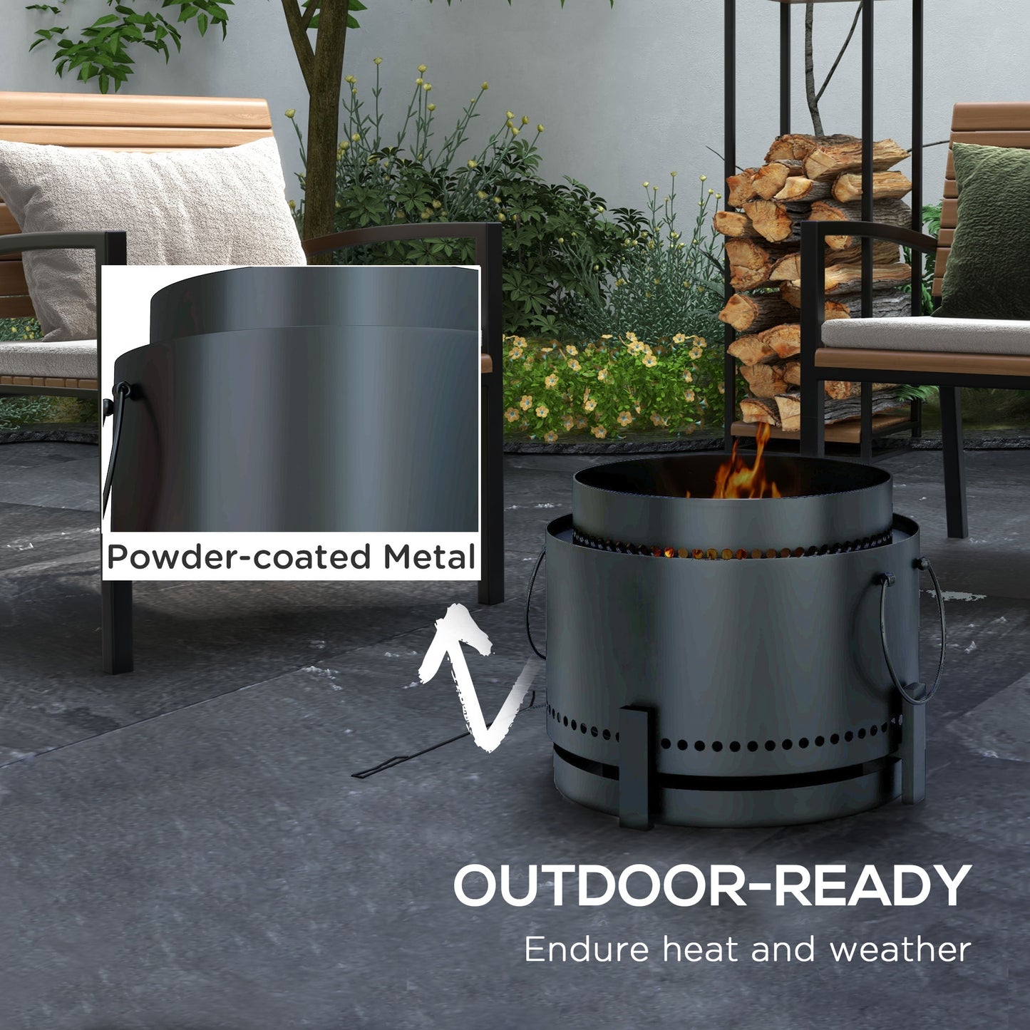 Outsunny Smokeless Fire Pit with Ash Catcher, Portable Wood Burning Firepit with Poker for Garden Camping Bonfire Party, Black
