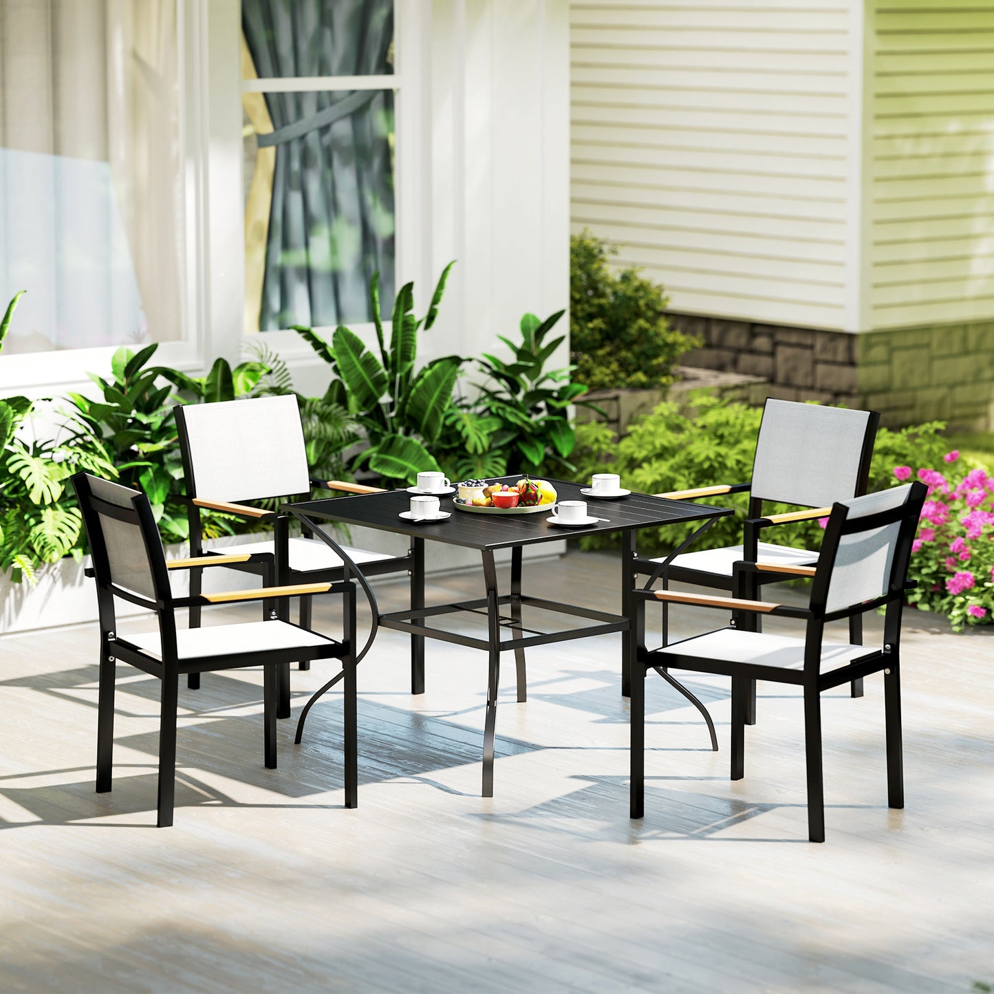 Outsunny Outdoor Dining Table for Four, Patio Table with Parasol Hole, Square Garden Table with Slatted Metal Plate Top, for Backyard, Poolside, Black