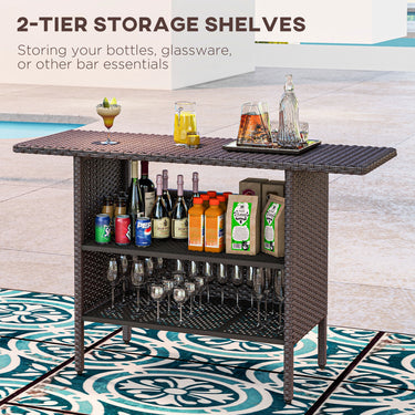 Outsunny Bar Height Outdoor Rattan Table, Patio Wicker Bar Table with 2 Storage Shelves, 55.1" x 18.5" x 37", Brown