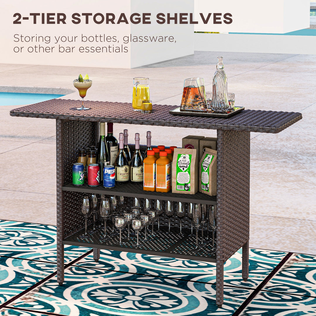 Outsunny Bar Height Outdoor Rattan Table, Patio Wicker Bar Table with 2 Storage Shelves, 55.1" x 18.5" x 37", Brown