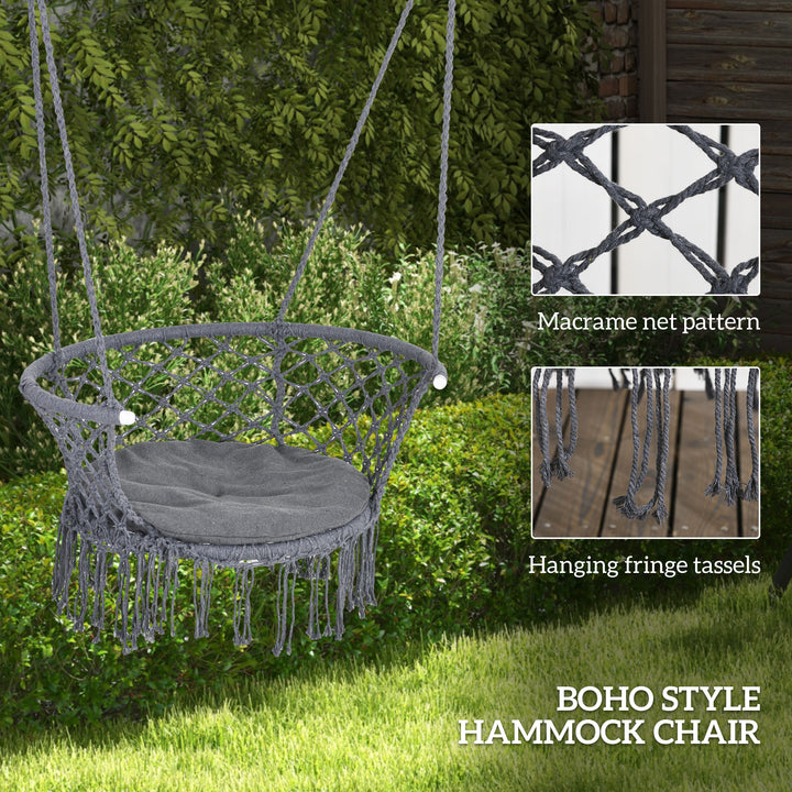 Outsunny Hanging Hammock Chair, Cotton Rope Porch Hammock Swing with Metal Frame and Cushion, Large Macrame Seat for Patio, Garden, Bedroom, Living Room,  Dark Grey