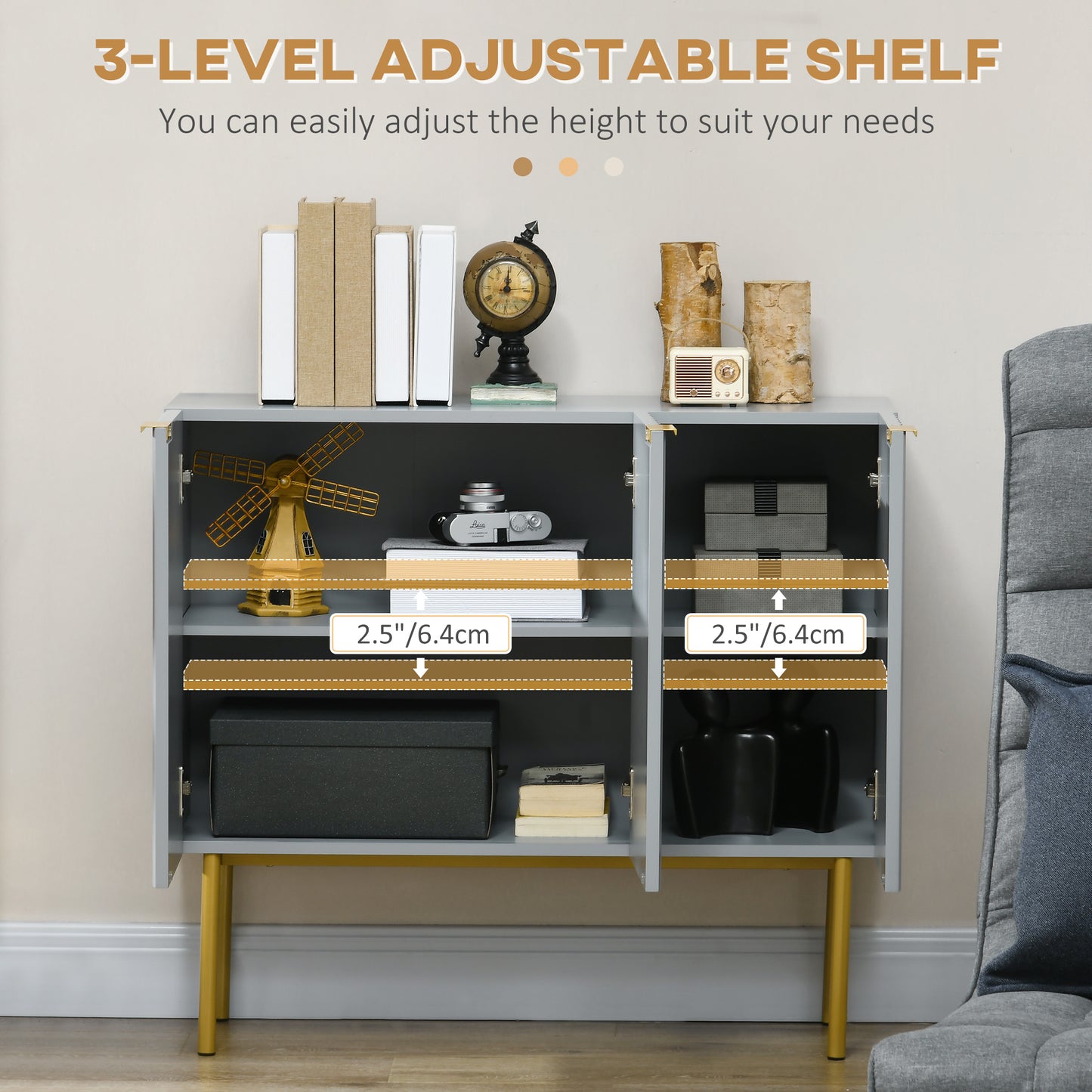 HOMCOM Modern Storage Cabinet Sideboard Buffet Cabinet with Gold Legs for Living Room Dining Room Hallway Grey