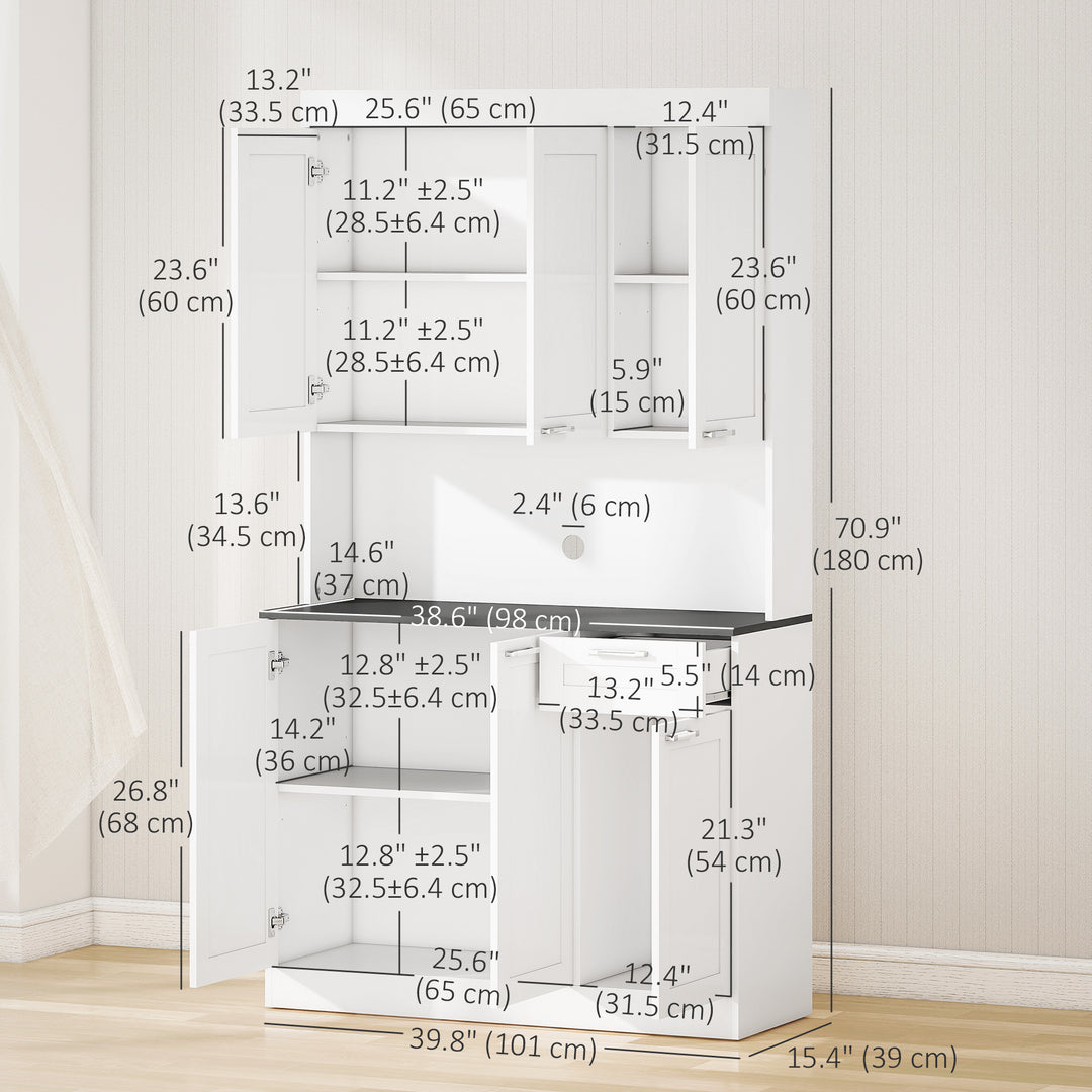HOMCOM 71" Kitchen Pantry Cabinet, Storage Buffet with Hutch, Adjustable Shelves for Living Room, High Gloss White