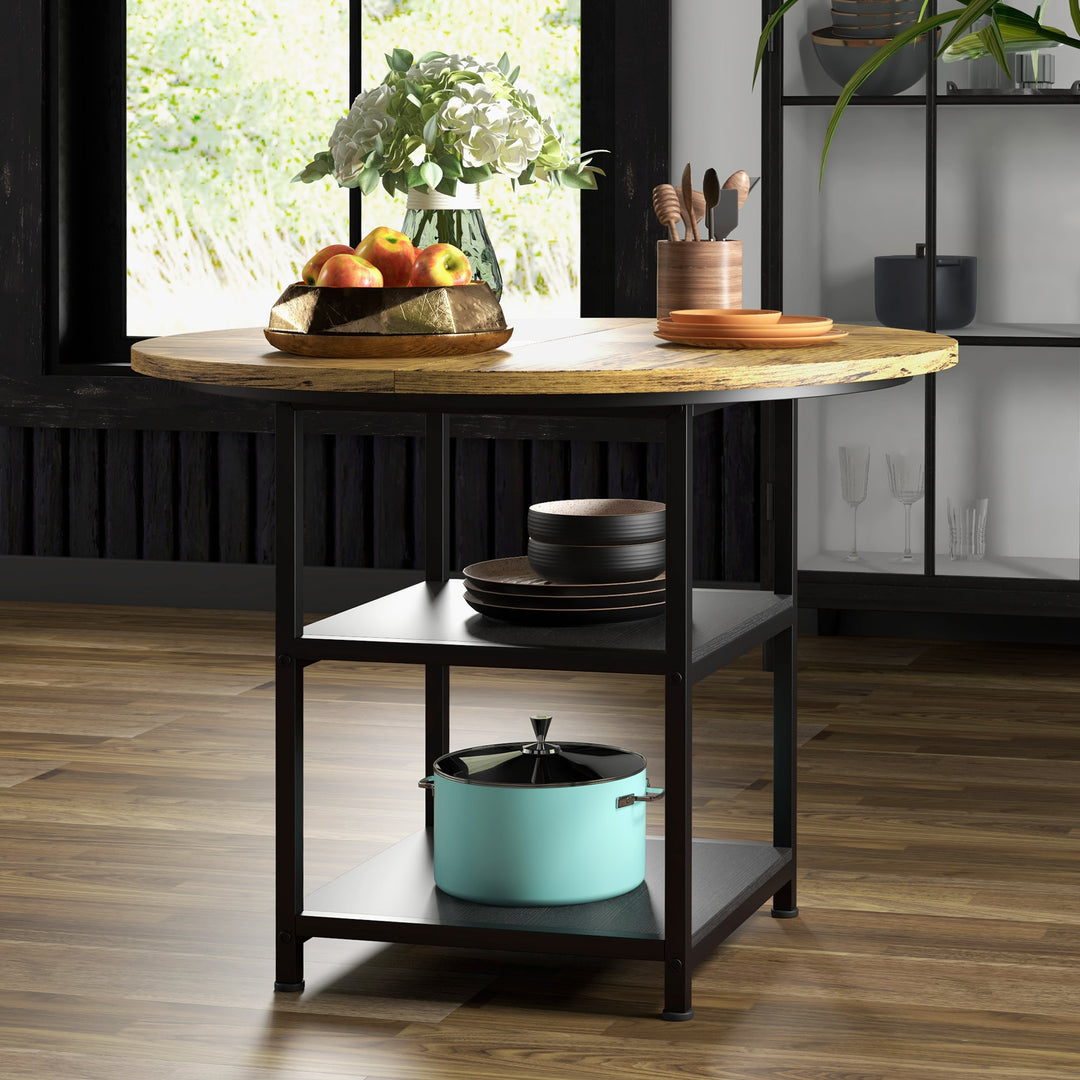 HOMCOM Round Kitchen Table for 4-6 People, 39.4 Inch Industrial Dining Table with Storage Shelves, Rustic Brown