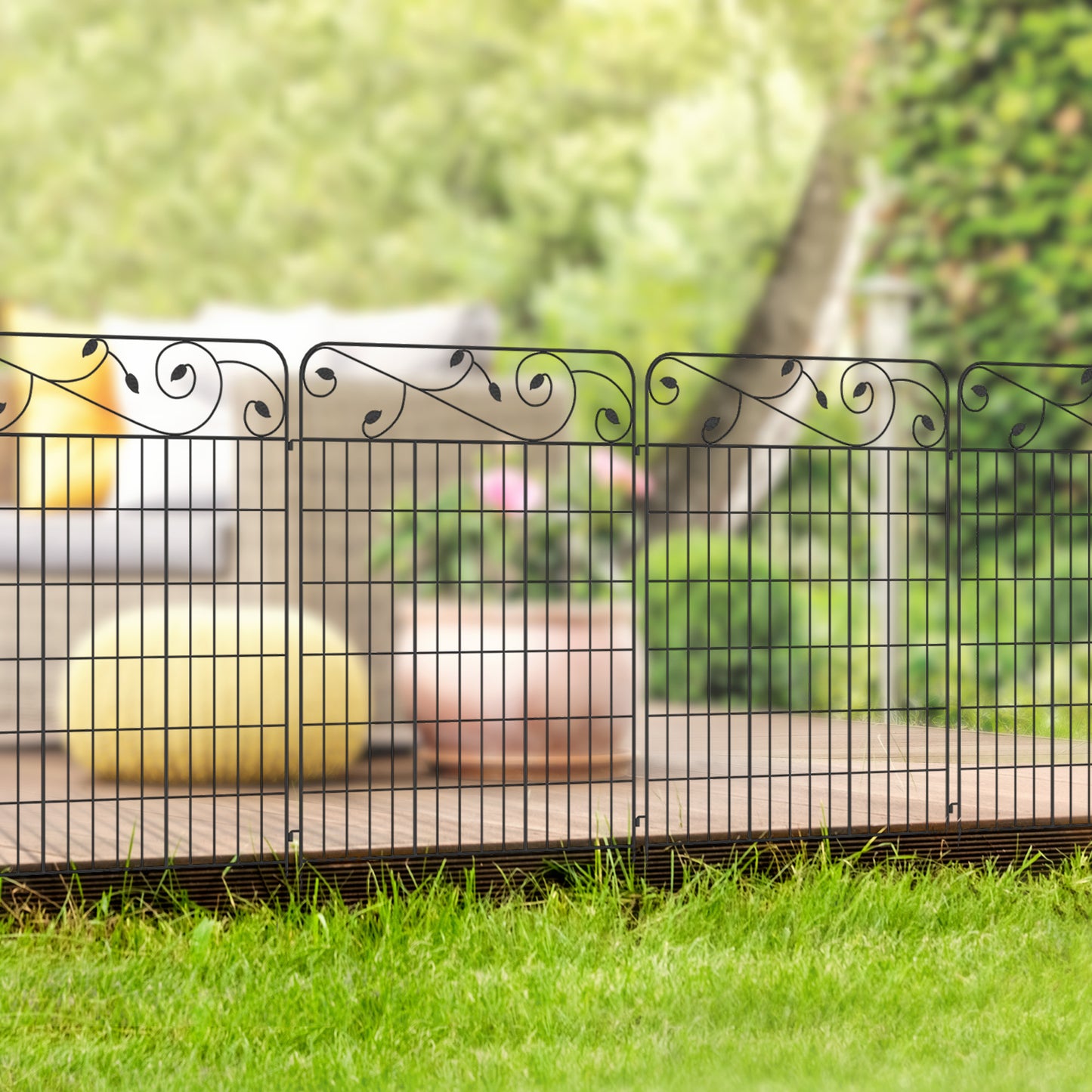 Outsunny Outdoor Metal Garden Fence Panels, Animal Barrier & Border Edging for Yard, Patio, 8 Pack, Scrollworks and Spears