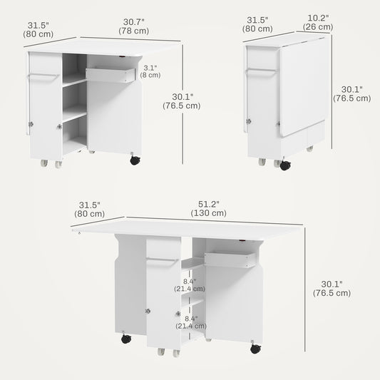 HOMCOM Folding Dining Table with Storage, Drop Leaf Kitchen Table on Wheels with Box, Shelves and Towel Racks, White