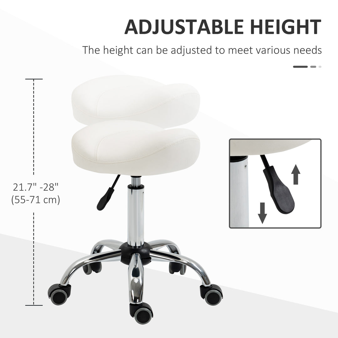 HOMCOM Saddle Stool, Height Adjustable Rolling Salon Chair with PU Leather for Massage, Spa, Clinic, Beauty and Tattoo, White