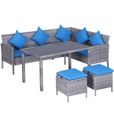 Outsunny 5 Pieces Wicker Patio Conversation Dining Furniture Set with Cushions, Table and Ottomans, Bright Blue