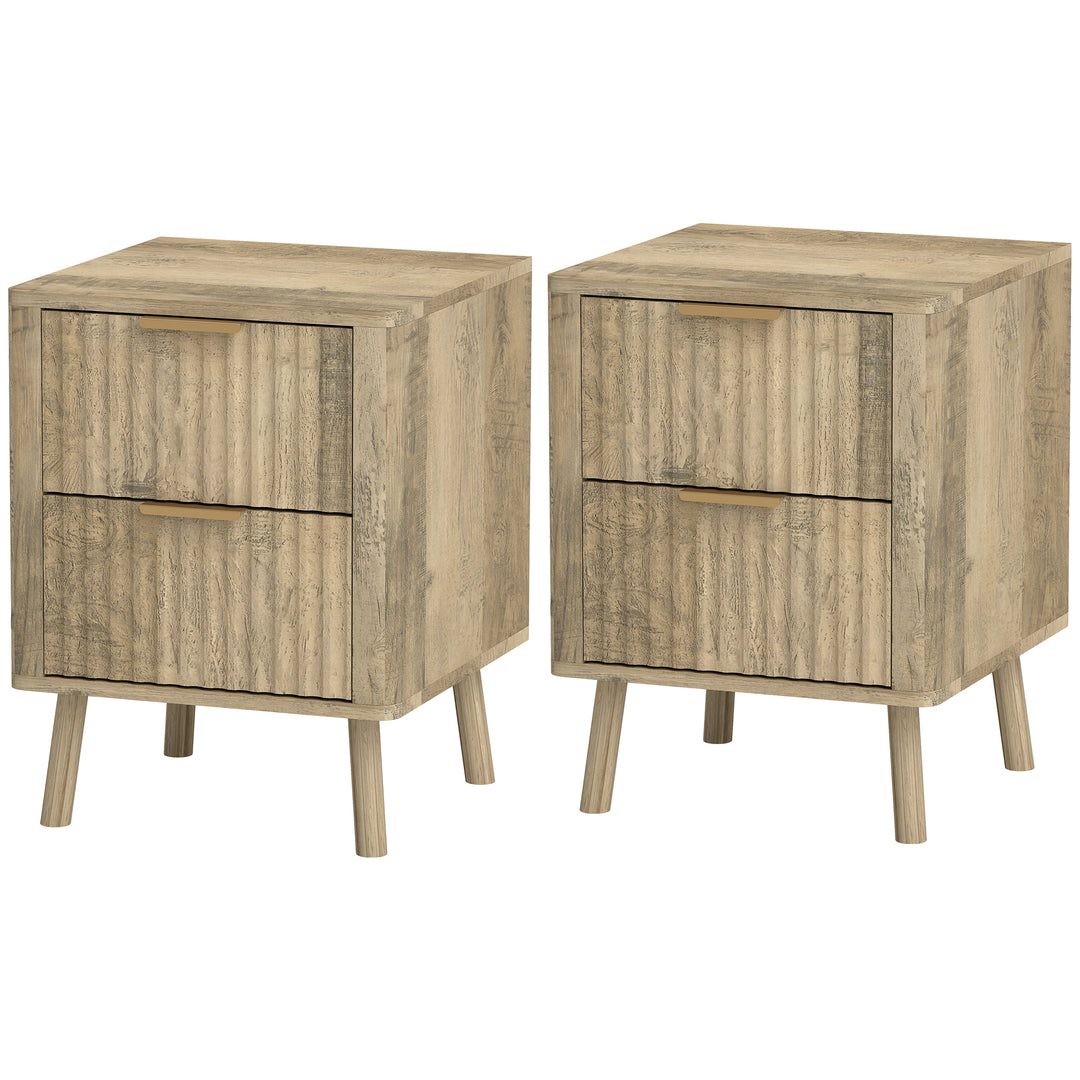 HOMCOM Night Stands Set of 2, Nightstands with Finger Pulls and Fluted Drawers, Bedside Tables with Round Edges, Oak