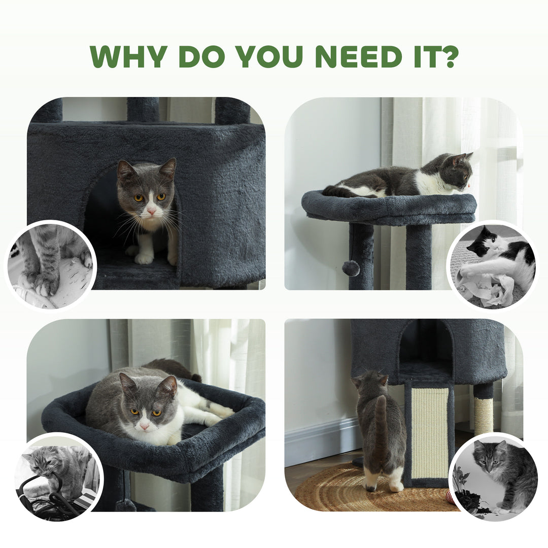 PawHut 47 Inch Cat Tree, Cat Tower for Indoor Cats with Cozy Condo, Bed, Toy Balls, Sisal Scratching Posts, Hammock, Dark Grey