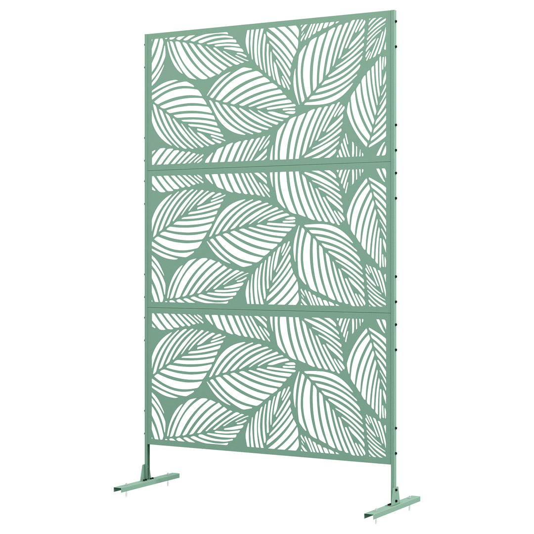 Outsunny 6.5FT Decorative Outdoor Divider, Metal Privacy Screen with Stand, Leaf Style, Light Green