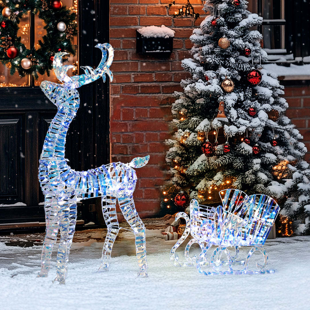 Outsunny Lighted Christmas Reindeer with Sleigh, Outdoor Reindeer with 170 LED Lights and Stakes, Holiday Decor, Silver