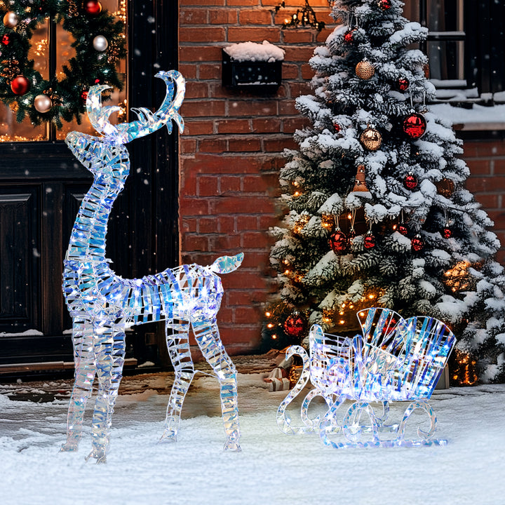 Outsunny Lighted Christmas Reindeer with Sleigh, Outdoor Reindeer with 170 LED Lights and Stakes, Holiday Decor, Silver