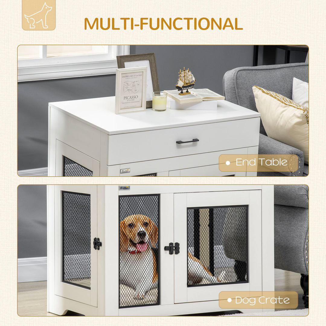 PawHut Dog Crate Furniture with Cushion, 2 Doors, Storage, Dog Kennel End Table for Small Medium Dogs, Grey