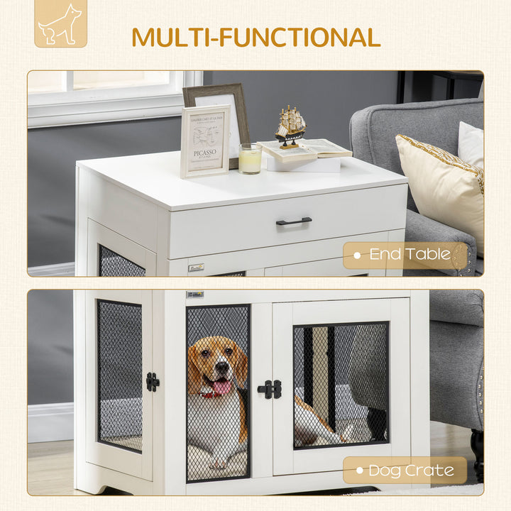 PawHut Dog Crate Furniture with Cushion, 2 Doors, Storage, Dog Kennel End Table for Small Medium Dogs, Grey
